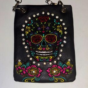 MULTI COLOR SUGAR SKULL DESIGN CROSSBODY BAG RHINESTONES AND STURDY CHAIN STRAP